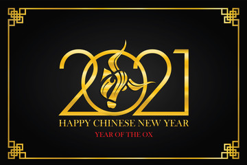Happy Chinese New Year 2021. The golden bull symbol is in the number 2021 under the golden Chinese pattern frame On black background.Chinese wording translation: Chinese calendar for the ox of oxPrint
