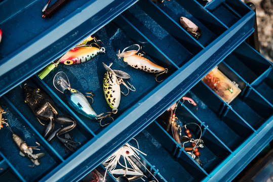 inside of a tackle-box filled with fishing bait