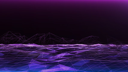 Retro cyberpunk style 80s Sci-Fi polygon Background Futuristic with laser grid landscape. Digital cyber surface style of the 1980`s. 3D illustration