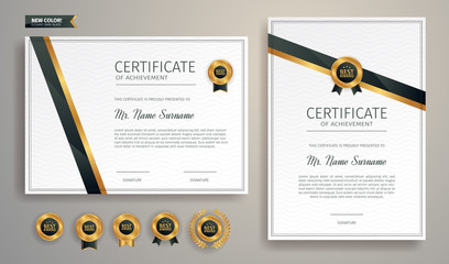 Black and gold certificate of appreciation border template with luxury badge and modern line pattern