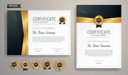 Black and gold certificate of appreciation border template with luxury badge and modern line pattern