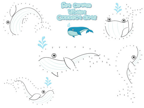 Connect The Dots and Draw Cute Whales Cartoon Set. Educational Game for Kids. Vector Illustration Happy Animal
