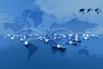 Global network coverage world map import/export, Oil ship tanker network connection concept