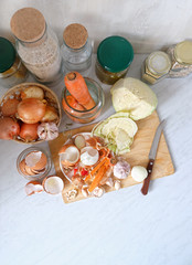 Food waste concept. Organic waste Veggies and Spices on kitchen table. Composting fruits and vegetable scraps. waste for recycling. Environmentally responsible behavior concept