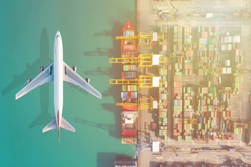 Air Transportation and transit of Container ships loading and unloading in Hutchison Ports, Business logistic import-export transport sea freight and transportation of containers in port