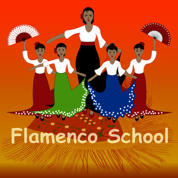Flamenco teacher with her young students. Advertising of flamenco school.