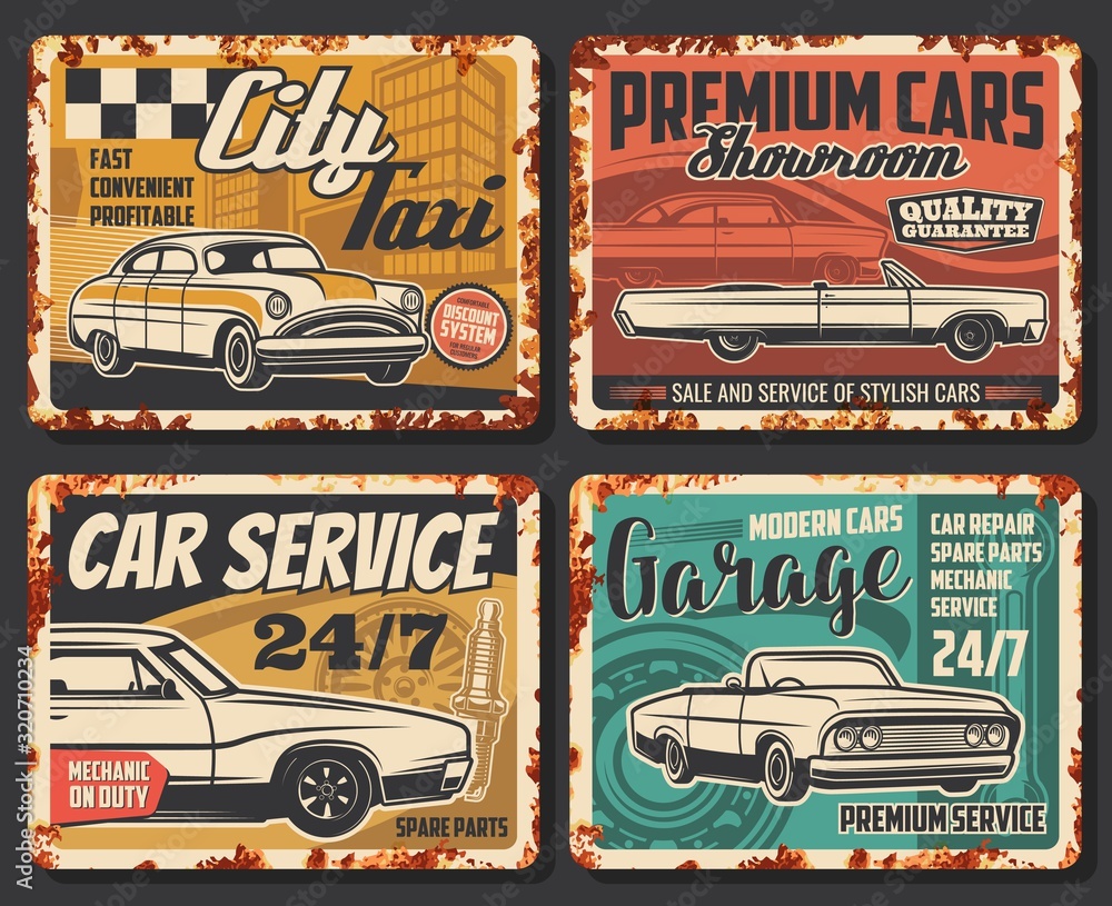 Wall mural car service retro posters, auto mechanic garage and vehicle maintenance station rusty signs. vector 