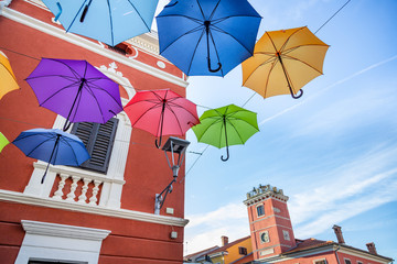 Colorful umbrellas at center of Novigrad old town, Istra, Croatia