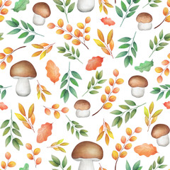 Autumn seamless pattern watercolor mushrooms with leaves. Decorative hand drawn pattern for design on a white background.