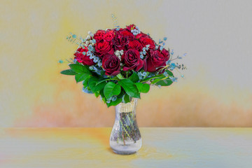 wedding bouquet of scarlet roses with green leaves stands in a glass vase