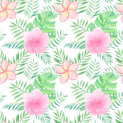 Tropical flowers watercolor hand drawn seamless pattern on white background. Trendy spring, summer background with tropical leaves and exotic flowers. Modern tropical print for summer fashion