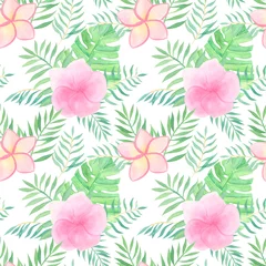 Deurstickers Tropical flowers watercolor hand drawn seamless pattern on white background. Trendy spring, summer background with tropical leaves and exotic flowers. Modern tropical print for summer fashion © Tanya Trink