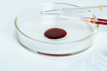 Glass dropper and Petri dish on laboratory table