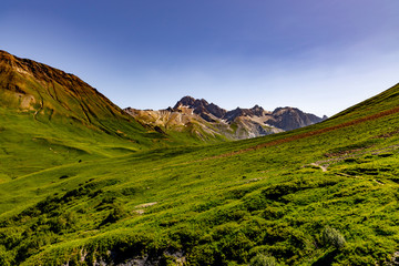 Panoramic mountain views in the French Alps in the summer.