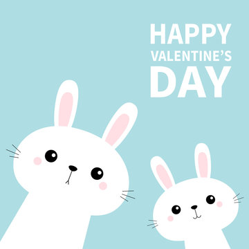Happy Valentines Day. Two rabbit bunny set in the corner. Friends forever. Cute cartoon kawaii funny baby kids character. Happy Easter. Farm animal. Blue pastel background. Flat design