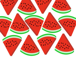 Many pieces of red watermelon with seeds. Mature whole fresh melon.Vector. Illustrations.