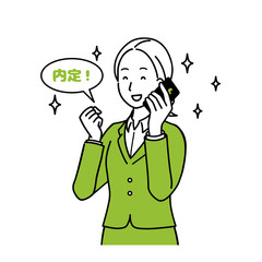 An oblique illustration of a woman rejoicing for a job offer, upper body.