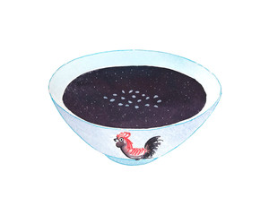 Watercolor hand drawn illustration of black sesame soup