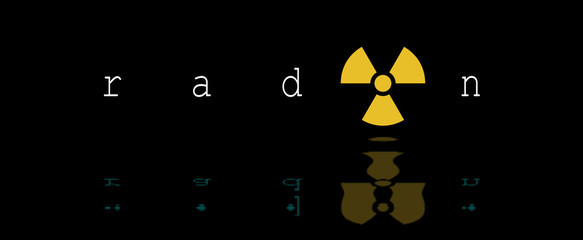 Noble gas. Radon. Radioactivity logo on yellow. Poster, danger, contaminant, indoor air quality. Illustration, text and graphic with the effect of reflections in the water. Elegant dark background.