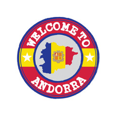 Stamp of welcome to Andorra with map outline of the country in center.