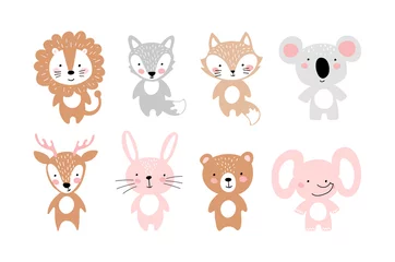 Stickers fenêtre Zoo Ensemble d& 39 animaux mignons simples pour invitation, fête, pépinière, baby shower. Ours, renard, loup, koala, lion, éléphant, lapin, cerf. Illustration vectorielle de dessin animé plat.