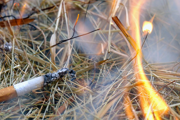 Hay ignites from throw cigarette butt and burns in flame and smoke. Concept of fire safety...