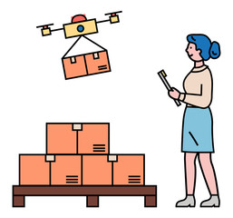 Drone delivering orders, isolated innovative technology in warehouse controlled by manager. Transporting parcels and carton boxes for clients and shoppers. Line art characters, vector in flat