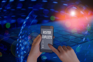 Word writing text Router Exploits. Business photo showcasing takes advantage of a security flaw in...