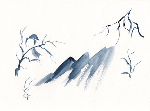 Watercolor landscape of mountain peaks with tree branches & raven in Chinese Ink technique. Hand drawing calm mountains background - relax, restore meditation. Asian style sumi-e grisaille painting.