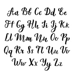 hand lettering. calligraphic alphabet script letters black ink brush material vector hand drawn letters isolated white