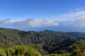 Landscape of green mountains of Madeira Island - view from the trial to Pico Ruivo.