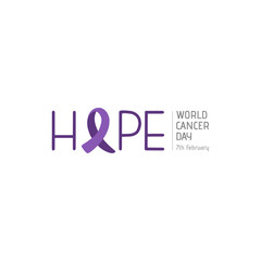 World Cancer Day. A lavender ribbon instead of the letter O in the word HOPE. Poster or logo for National Cancer prevention month and World Cancer Day in February each year.