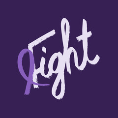 Handwritten word FIGHT with lavender ribbon. Symbolize National Cancer prevention month and World Cancer Day in February each year.