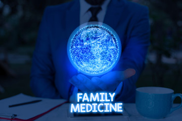 Writing note showing Family Medicine. Business concept for designed to provide basic healthcare to...