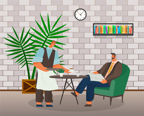 Waiter serving businessman reading newspaper in cafe. Male drinking coffee in coffeehouse. Modern interior of cafeteria or diner. Server wearing uniform giving client ordered beverage vector