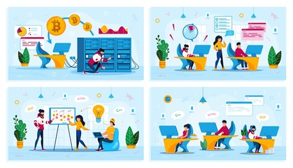 Time Management, Project Planning Meeting, Bitcoin Trading, Startup Team Trendy Flat Vector Concepts Set. Employees Meeting, Programmers in Office, Developers Fails Deadline, Mining Farm Illustration