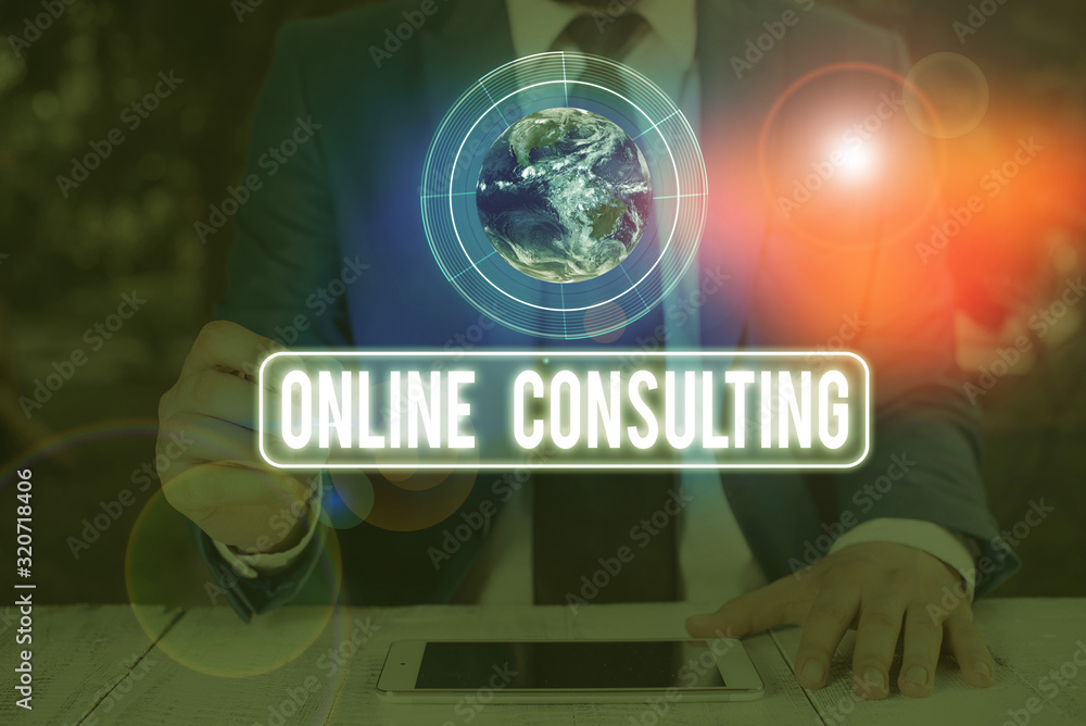 Poster Text sign showing Online Consulting. Business photo text get information or advice from demonstrating through internet Elements of this image furnished by NASA