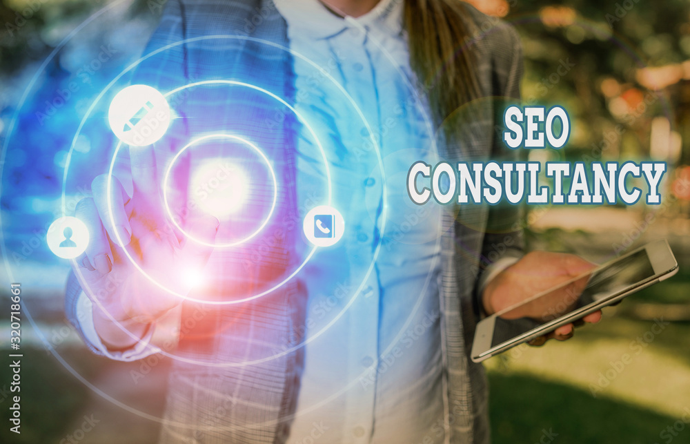 Aufkleber conceptual hand writing showing seo consultancy. concept meaning specialize in evaluating an organiz