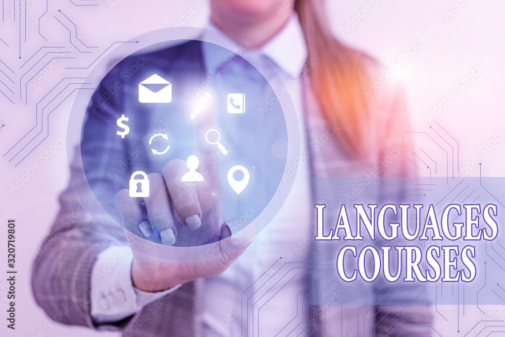 Poster text sign showing languages courses. business photo showcasing set of classes or a plan of study on 