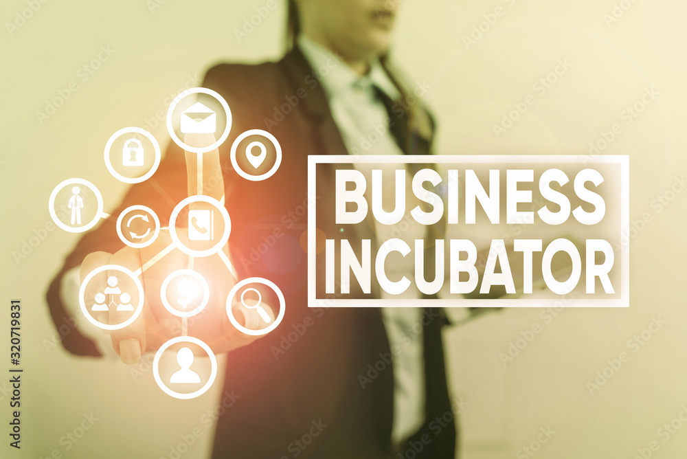 Aufkleber writing note showing business incubator. business concept for company that helps new and startup com