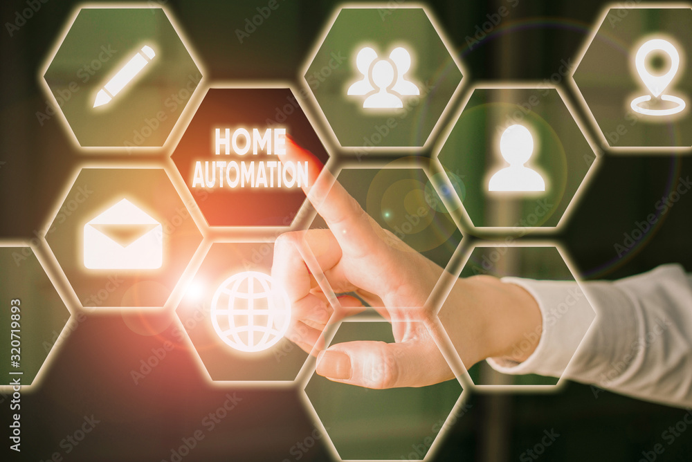 Poster word writing text home automation. business photo showcasing home solution that enables automating t