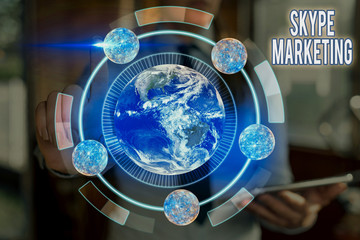 Conceptual hand writing showing Skype Marketing. Concept meaning apps that specializes in providing...