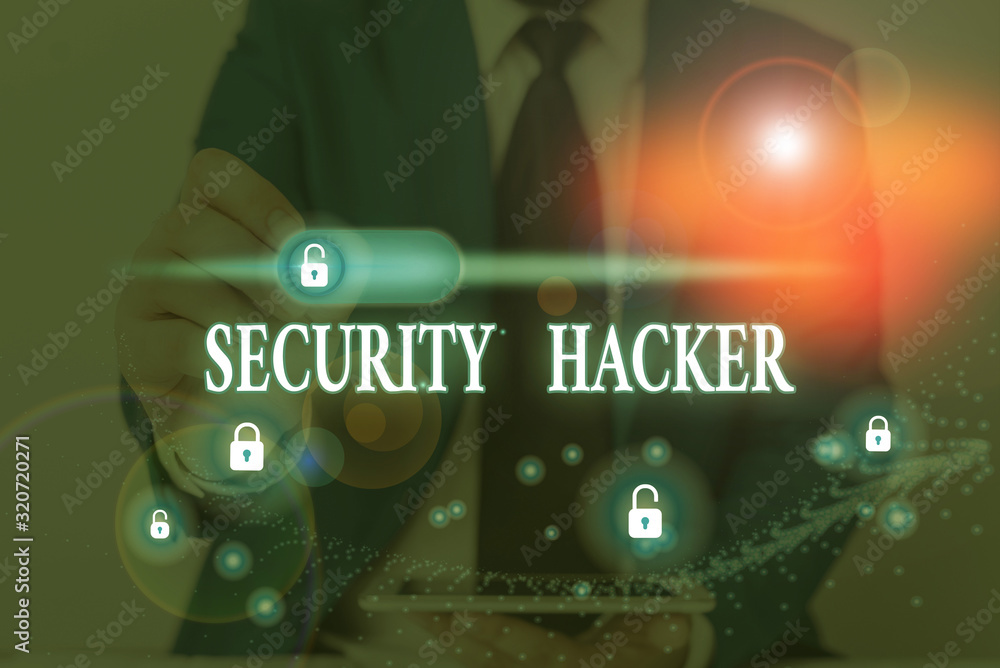Poster writing note showing security hacker. business concept for someone who explores methods for breachin