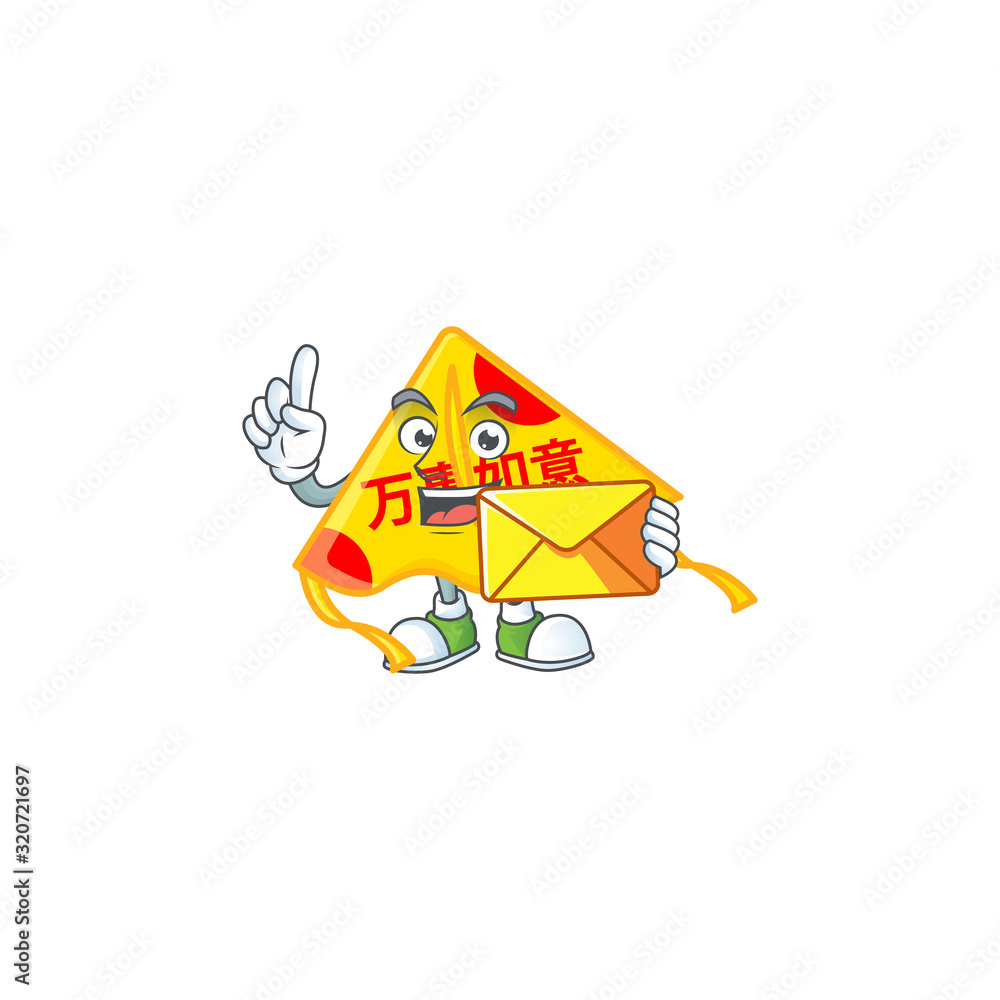 Sticker Cheerfully chinese gold kite mascot design with envelope