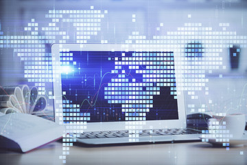 Multi exposure of business theme icons and work space with computer background. Concept of success.