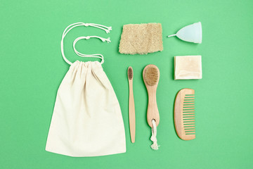 Layout of zero waste accessories for personal hygiene. Plastic free concept.