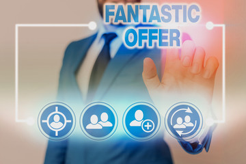 Writing note showing Fantastic Offer. Business concept for the seller accepts offers and is willing...
