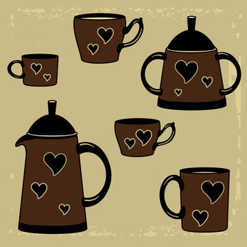 set of brown coffee cups, mugs, teapot and sugar bowl with hearts on a beige aged background, color illustration in vintage style