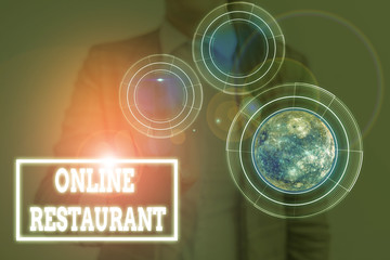 Conceptual hand writing showing Online Restaurant. Concept meaning internet that connects the...