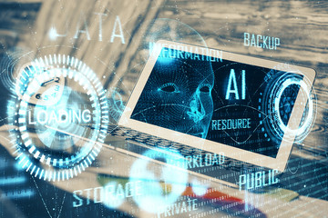 Double exposure of computer and technology theme hologram. Concept of freelance work.